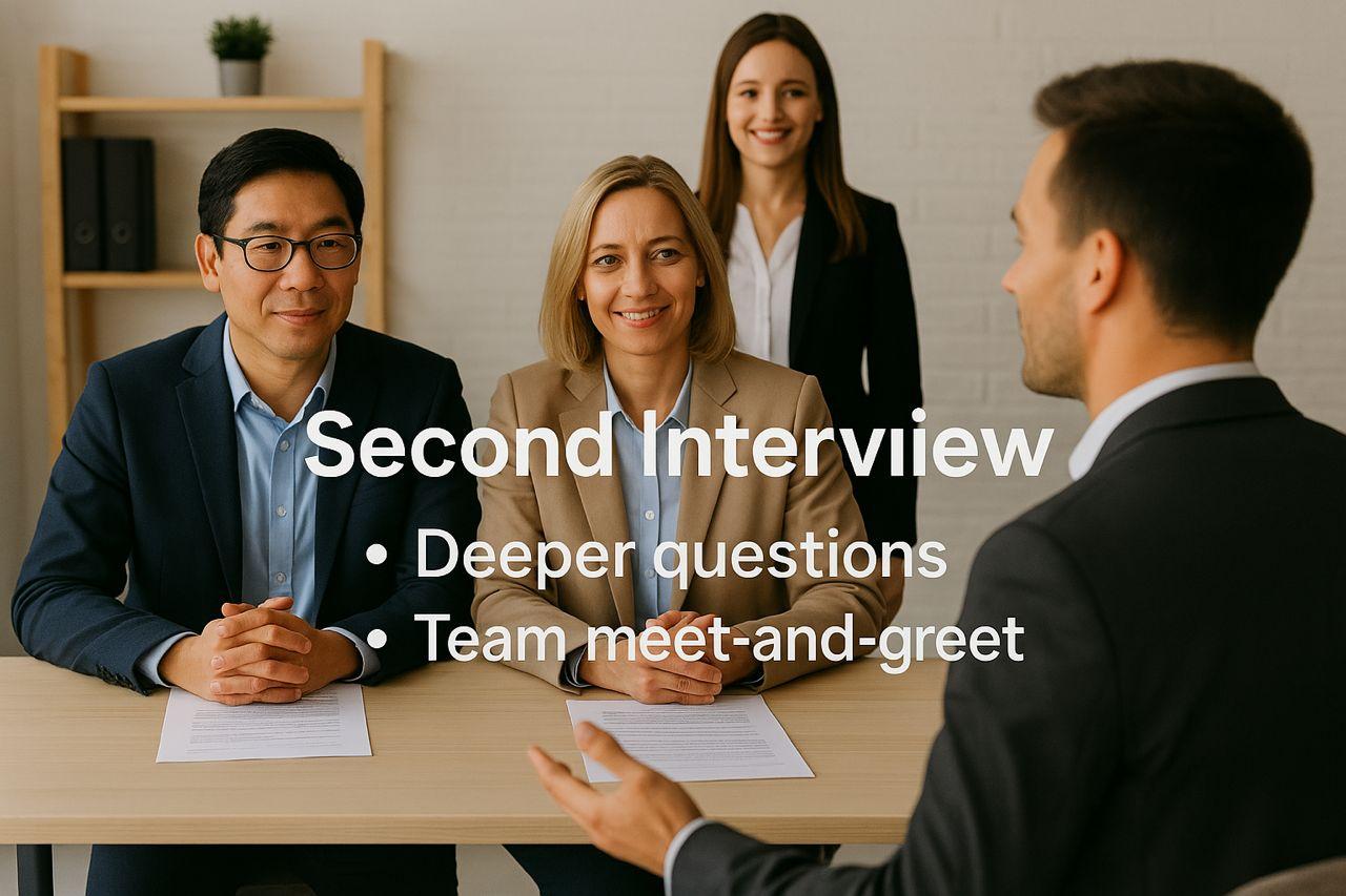 Professional confidently answering challenging interview question with composure