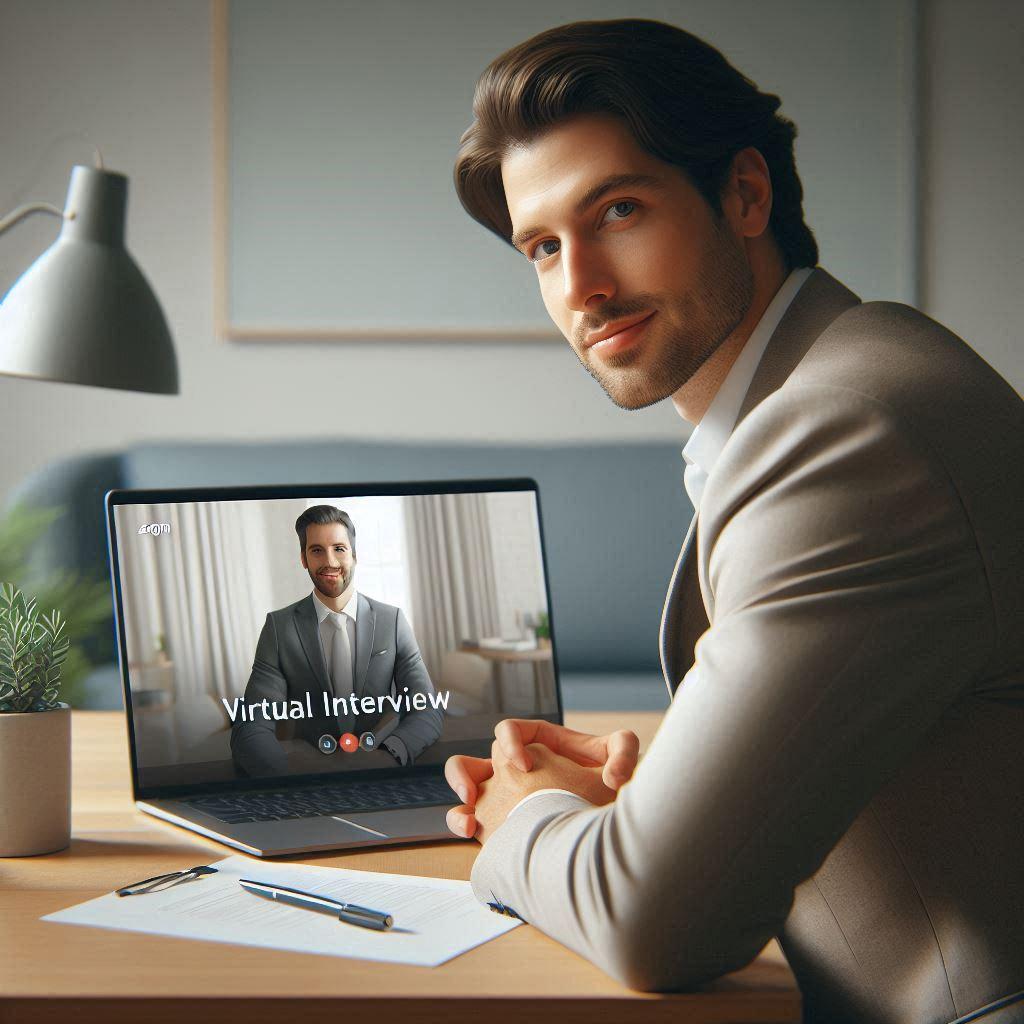 Professional preparing for video interview with checklist and practice setup