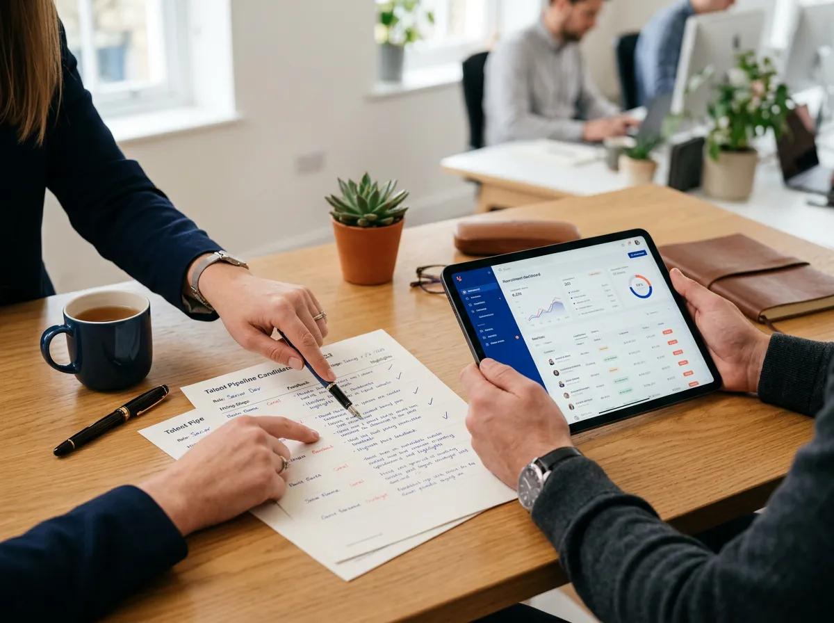 A recruiter reviewing a candidate pipeline on a tablet dashboard