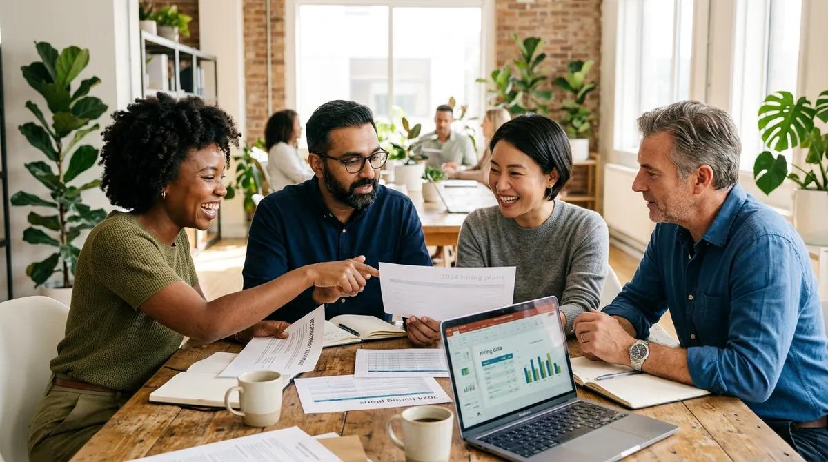 A team talking through documents and a laptop at a shared table