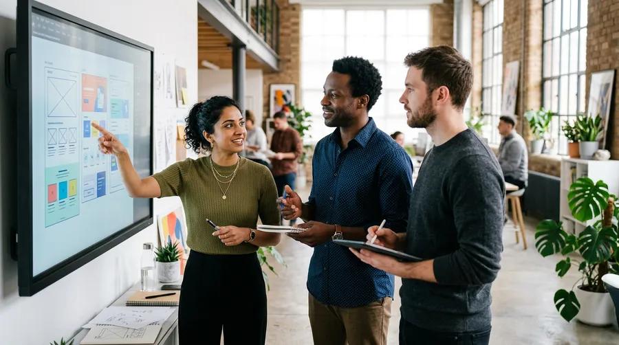 Colleagues talking through a plan on a wall screen
