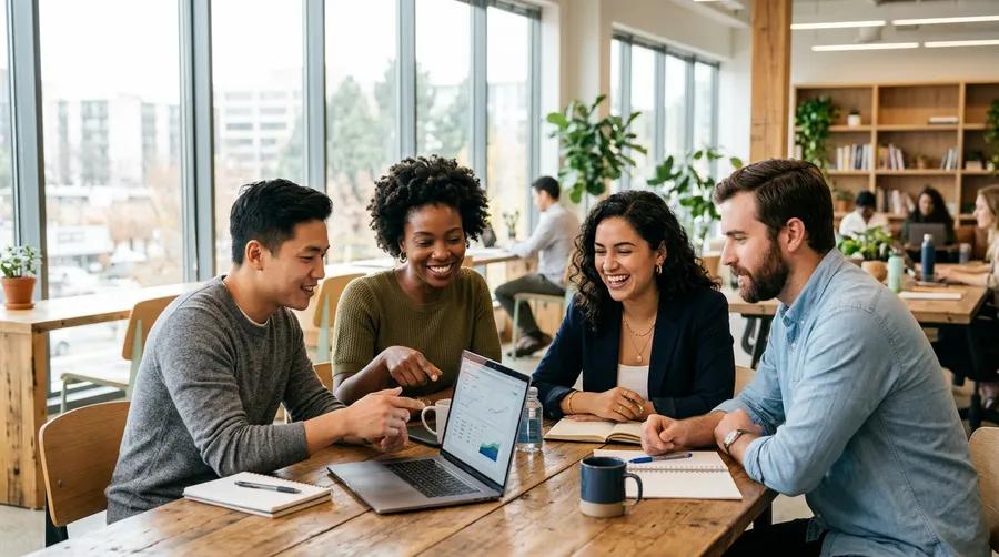 A hiring team gathered around a laptop reviewing candidates