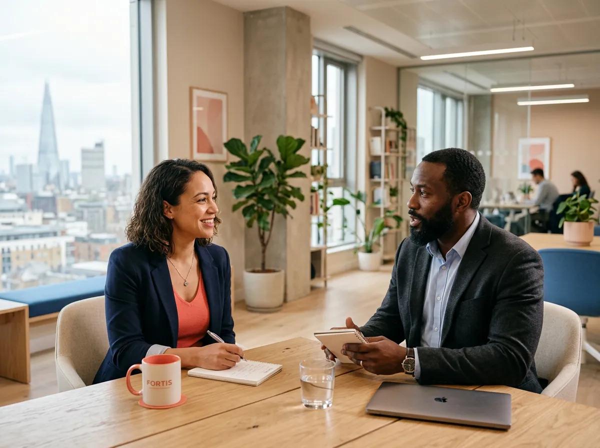 A hiring manager and a candidate talking in a bright office
